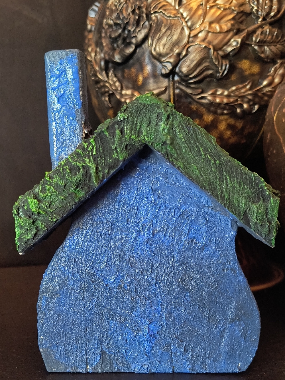 Handmade Blue House Décor with Green Moss Roof -